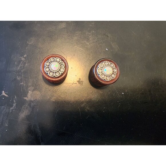 Vintage Style Wooden Ear Gauges With Opal Inlay - Picture 2 of 5